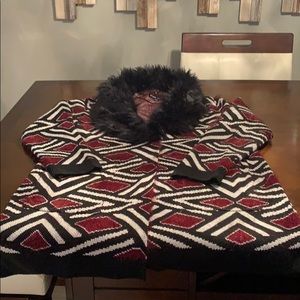 Long Sweater Jacket with Faux Fur Collar